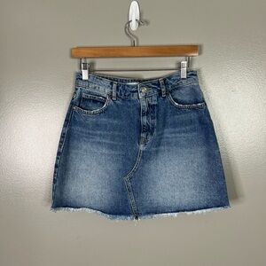 Zara Blue Denim Mini Skirt raw hem size small distressed rocker edgy